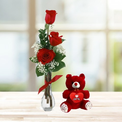 3 Roses Vase & Teddy Bear