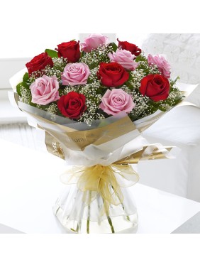 Bouquet of 12 Pink Red Roses