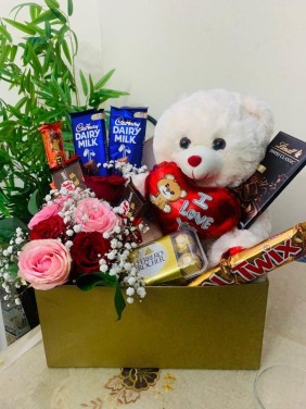 Couple Teddies and Chocolates