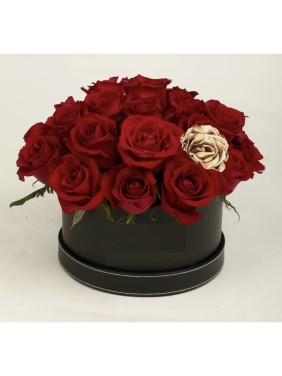 Gold Rose in Red Roses Box