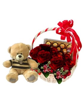 Roses Bunch, Teddy & Ferrero  in Basket