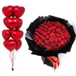 99 Red Roses Bouquet & 12 Red Heart Shape Foil Balloons Bunch