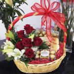 6 Red Roses Basket with White Tulips & 300g Ferrero Rocher
