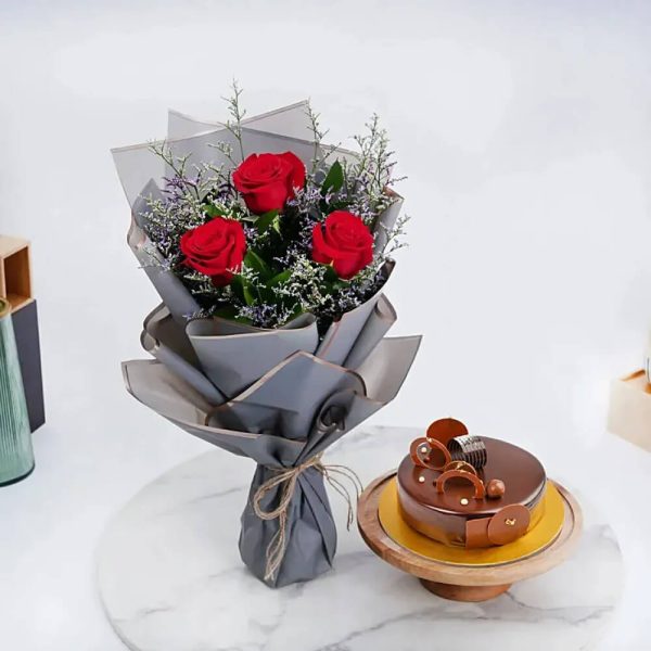 Delicious Chocolate Cake & 3 Red Roses – Elegantly Wrapped in Gray