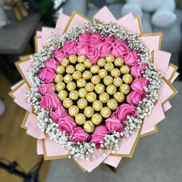 Pink Roses & Ferrero Rocher Chocolates Bouquet