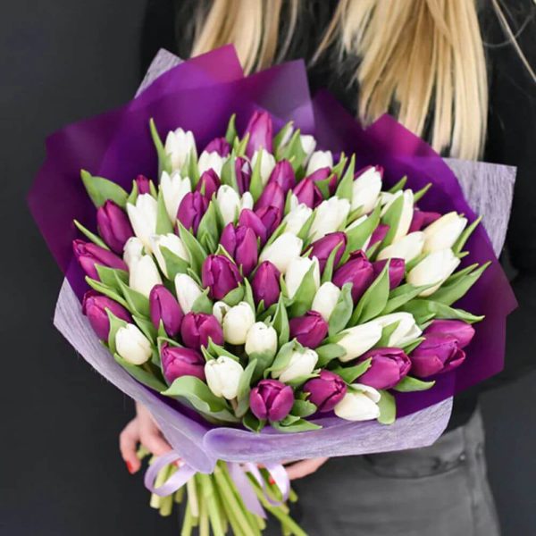 Purple and White 50 Tulips Bouquet