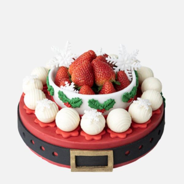 Holiday Season Cake with fresh strawberries Mr. Claus Belt Cake