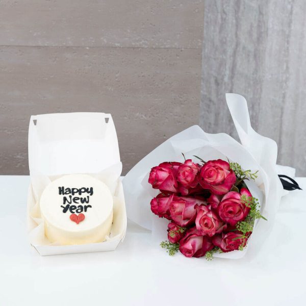 Happy New Year Bento Cake with 10 Roses Bouquet