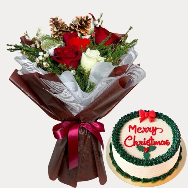 Festive Christmas Delight: 500g Cream Cake with Roses and Elegant Bouquet
