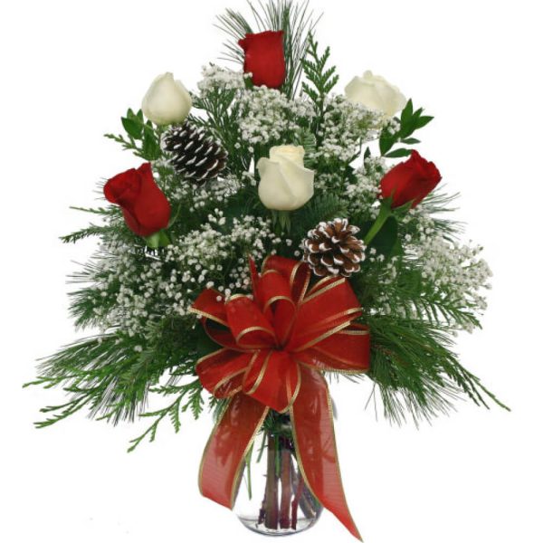 Festive Christmas Bouquet: 3 White Roses, 3 Red Roses, and Christmas Cone Decor