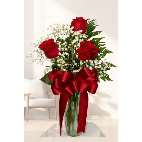 Vase of 3 Red Roses